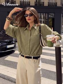 VIBEWAVE French Vintage Olive Green Fine Check Collar Long Sleeve Shirt Women Spring Autumn Commute Travel Loose Versatile - Olive Green - View 1