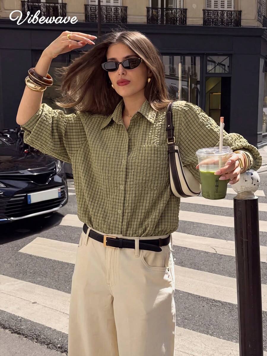 VIBEWAVE French Vintage Olive Green Fine Check Collar Long Sleeve Shirt Women Spring Autumn Commute Travel Loose Versatile - Olive Green - View 1