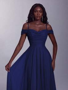 Elegant Women's Navy Blue Long Cocktail Dress, Flared Dress Romantic Formal Ball Gown Wedding Party Fall - Royal Blue - View 3