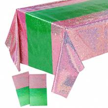 2/4pcs Laser Pink Green Patchwork Disposable Plastic Tablecloth Party Decoration Plastic Rectangular Tablecloth Birthday Wedding Bachelor Anniversary Party Supplies 54x108inch - Multicolor - View 7