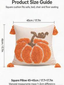 1pc Halloween Orange Pumpkin Pattern Square Pillow Case, Flocked & Tufted Craft With Four-Corner Tassel Decor, Country Pastoral Style, Suitable For Autumn Living Room, Bedroom, Sofa, Window Sill, Casual Gathering, Etc., Without Filling, 45*45cm - Multicolor - View 3