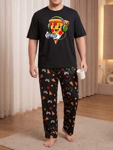 Plus Size Men's Funny Pizza Game Print Pajama Set, Summer Short Sleeve T-Shirt + All-Over Print Long Pants, Loose Casual Loungewear - Black - View 4