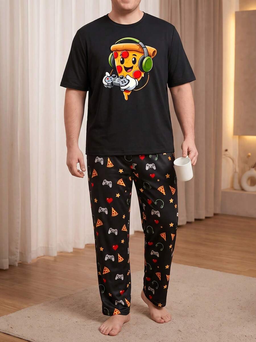大尺碼男士趣味披薩遊戲印花睡衣套裝，夏季短袖T恤 + 全身印花長褲，寬鬆休閒居家服 - 黑色 - 查看 1