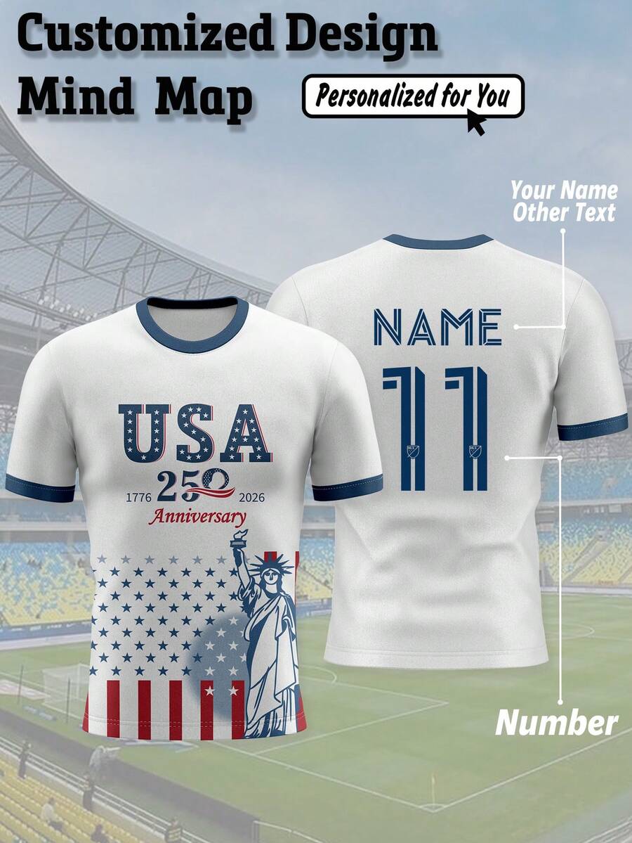 1 buah Jersey Sepak Bola Pria Edisi Peringatan 250 Tahun AS: Motif Bintang dan Garis. Nama, Nomor Favorit, atau Elemen Desain Unik Dapat Disesuaikan. Hadiah. Olahraga/Kasual. - Putih - View 1
