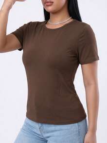 1pc Women's Plus Size Short Sleeve Tee, Wire-Free Built-In Shelf Bra, Padded Solid Basic Loungewear Yoga Activewear Casual - Brown - View 5