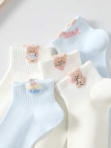 4 Pairs Women's Cute Sweet Breathable Cartoon Bear Pattern Short Invisible Boat Socks, Ankle Socks And Short Socks, White Socks, Blue Socks, Preppy Style, Back To School Season, Suitable For Daily Casual Wear, Random Style, Suitable For Spring, Summer, Autumn And Winter - Multicolor - View 5