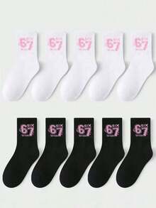 3 Pairs Kids Ribbed Crew Socks,Black And White Contrast Hosiery With Pink Number 67 For Back To School,Halloween, Casual Essentials For Students - Multicolor - View 2