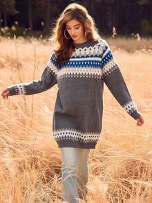Plus Size Fair Isle Knit Sweater, Round Neck Drop Shoulder Pullover With Blue & White Geometric Pattern For Fall Winter Casual Wear - Grey - View 2