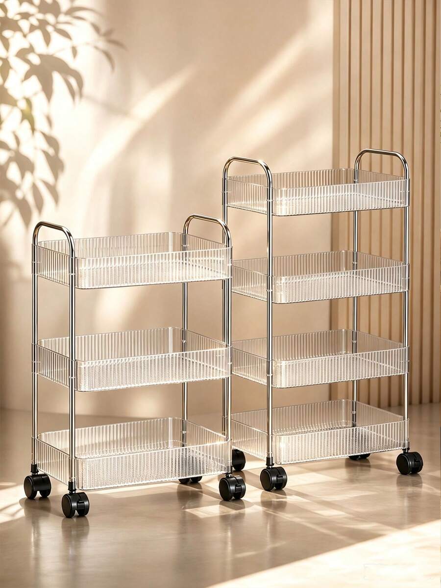 2/3/4-Tier Transparent Acrylic Storage Cart, Metal Frame Multi-Layer Mobile Storage Cart, Rolling Storage Rack, Large Capacity Kitchen Storage Cart, Bathroom Toiletries Storage Cart, Bedroom Bedside Storage Cart, Living Room Snack & Beverage Cart, Cosmetics & Skincare Storage Rack, Office Books & Documents Organizer Cart, Open Multi-Layer Storage Rack, Transparent Mobile Storage Cart - Clear - View 1