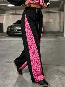 Women's Pink Leopard Print Side Patchwork Wide Leg Sweatpants, Drawstring Waist Elastic Fit Y2K Street Style Casual Sports Long Pants - Pink - View 5