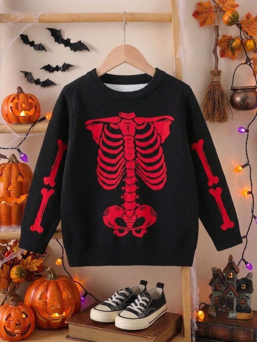Boys' Street Style Skeleton Pattern Sweater Knit Pullover Suitable For Halloween Spring Autumn Winter - Red - View 1