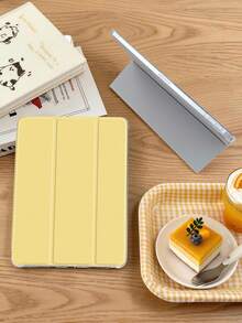 1件三折平板保護殼，奶黃色，適用於 iPad Mini 4/5/6/7/Air/Air 2/9.7/10.2/10.5/10.9 (Air 4-Air 8)/Pro 11/10th Gen/A16/Pro 11 2024、Galaxy A8，柔軟磨砂翻蓋，三折支架，自動休眠/喚醒，內置筆槽，不含筆 - 乳黃色 - 查看 3