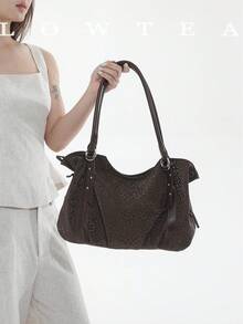 low tea 1 buah Tas Bahu Kulit PU Minimalis Bergaya Vintage dengan Gesper, Cocok untuk Bepergian, Berbelanja, dll. - Kopi - View 9