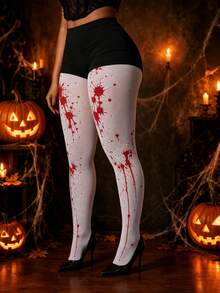 Women's Halloween White Red Blood Splatter Pattern Cosplay Tight Leggings - White - View 5