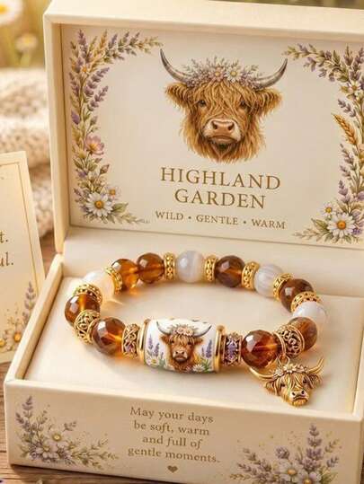 1pc Highland Cow Floral Crown Beaded Bracelet With Vintage Gold Ceramic Agate Pendant, Cute Cottagecore Bohemian Animal Lover Elastic Jewelry, Suitable For Women's Daily Gift (With Gift Box)