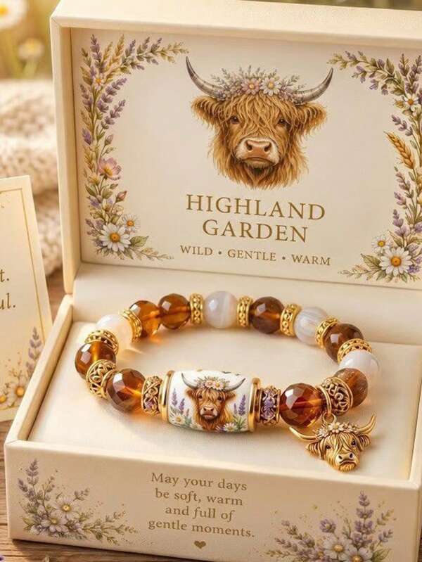 1pc Highland Cow Floral Crown Beaded Bracelet With Vintage Gold Ceramic Agate Pendant, Cute Cottagecore Bohemian Animal Lover Elastic Jewelry, Suitable For Women's Daily Gift (With Gift Box)