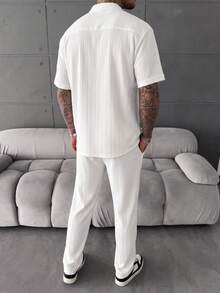 YUNCHIC Summer Ice Silk Textured White Stand Collar Short Sleeve Set Men's Lightweight Breathable Casual 2 Pieces Outfit Vacation Commute Draped Long Pants - White - View 5