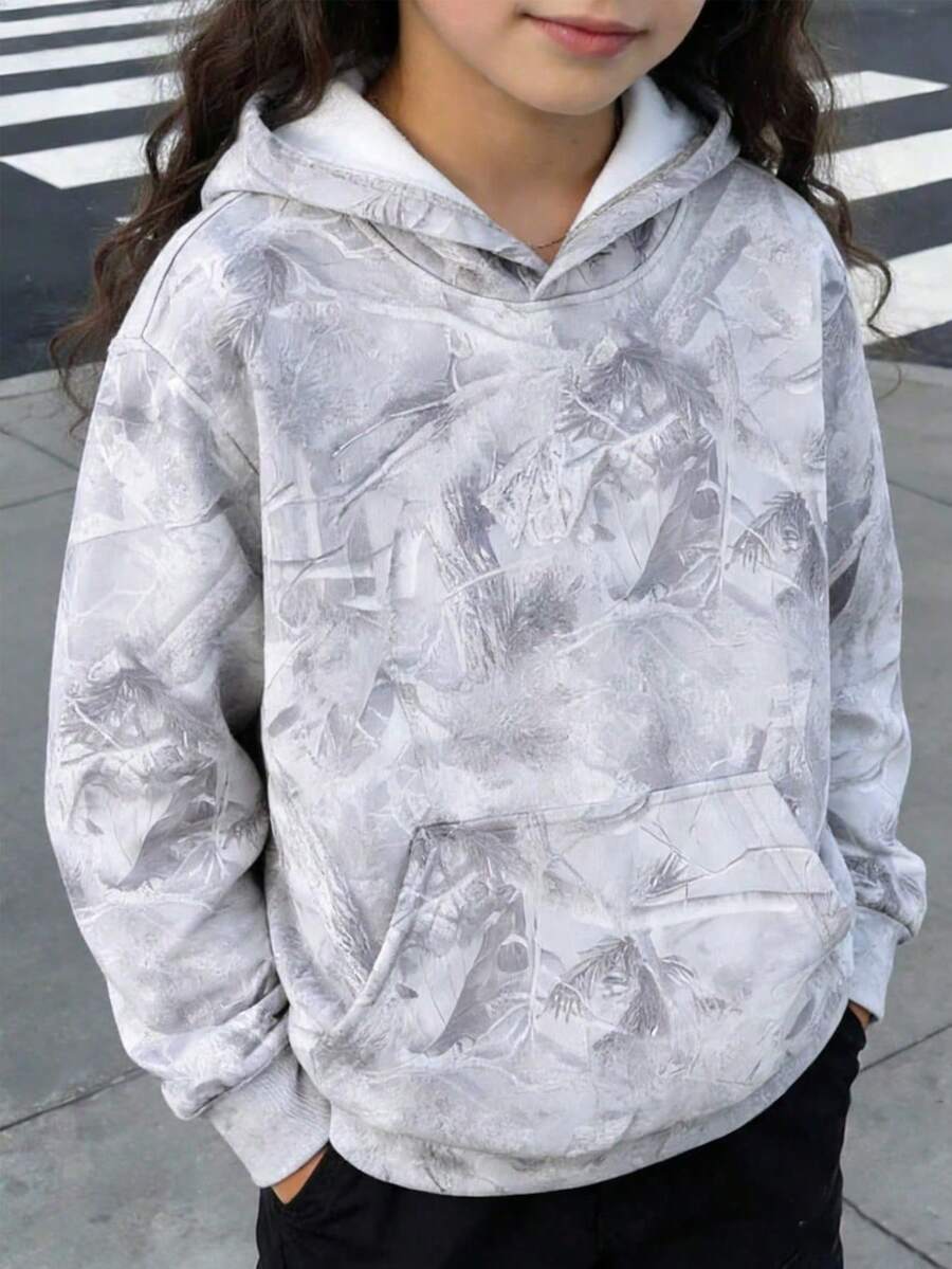 1pc Girls/Teen Girls Fashionable Grey Tree Branch Print Versatile Comfortable Fleece Hooded Sweatshirt - Light Grey - View 1