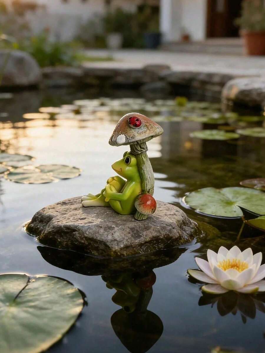 1件可爱青蛙蘑菇树脂摆件，萌趣青蛙花园雕塑，适用于池塘、莲花池等花园装饰，非常适合乡村风景、微型仙女花园或作为装饰青蛙摆件（青蛙蘑菇）