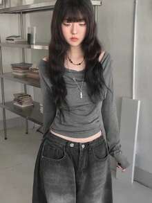 Áo mặc trong nữ phong cách Hàn Quốc màu xám, tay dài, trơn, hở vai cổ, ôm dáng tôn dáng, cho mùa xuân thu - Xám - Xem 4