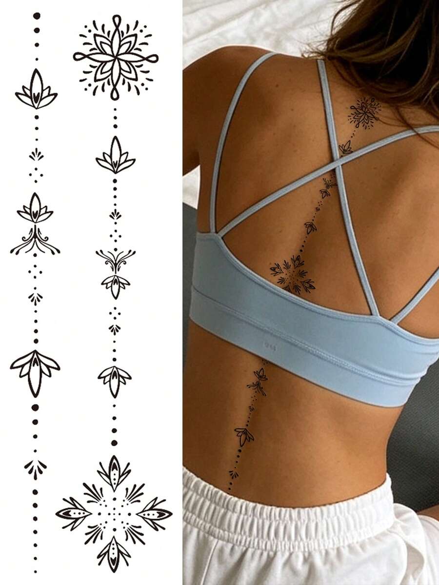 STARTTOOS 1pc Long Spine Back Tattoo Sticker - Black Minimalist Floral & Star Pattern Temporary Tattoo Decal For DIY Carnival Beach Party Holiday Gift Arm & Thigh - Black - View 1