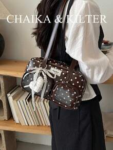 CHAIKA & KILTER 1件裝純色亮面PU布料女款時尚多口袋大容量波士頓保齡球肩背包，滿版波點圖案，拉鍊開合，適合日常與街頭使用（附吊飾） - 咖啡 - 查看 7