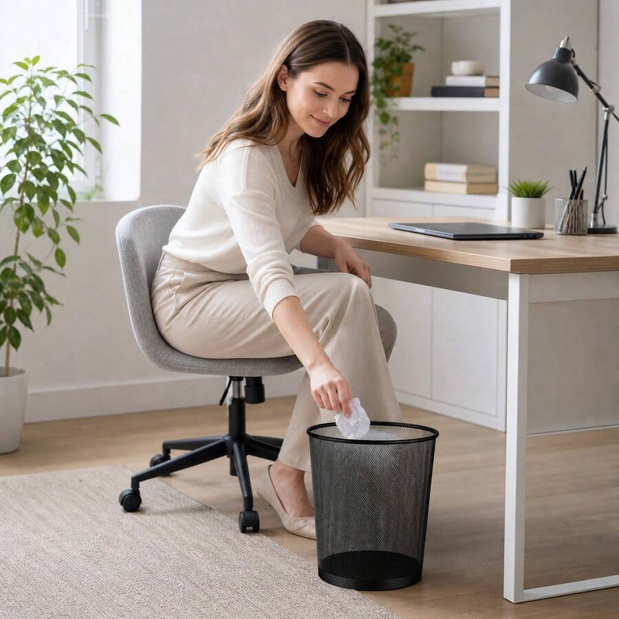 34.5x24cm Black Mesh Round Office Trash Can, Decorative Waste Bin For Home Study Desk - Black - View 1