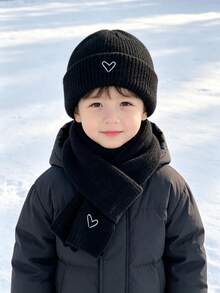 Winter Kids Hat & Scarf Set, Heart Embroidered Knitted Woolen Beanie, Unisex Baby Outdoor Hat - Multicolor - View 2