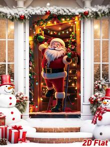 1pc Christmas Door Cover Banner With Santa Claus Hanging Colorful Lights Design, Merry Christmas Hanging Flag, Welcome Porch Sign Decor, Merry Christmas Decoration, Xmas Decor, Holiday Party Supplies, Christmas Photo Backdrop Decoration, Indoor/Outdoor Door & Wall Decor, Winter Home Decor - Type a - View 7