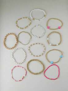 13pcs Women's Cross Bracelet Set, Colorful Beads, CCB Beads, Faux Pearl Multi-Layer Elastic Bracelets, Birthday Gift - Multicolor - View 4