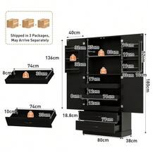 Kitchen Cabinet With 3 Pull-Out Shelves, Drawers, And Double-Door Tall Cabinet With Door Shelves For Kitchen, Dining Room & Living Room - 黑色 - 查看 6