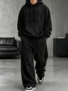 HEYKESON Men's Hoodie & Wide Leg Sweatpants 2 Pieces Loose Casual Sports Set - Black - View 2