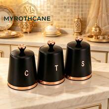 Myrothcane 3Pcs Elegant Matte Black Rose Gold Trim Airtight Storage Canister Set, Coffee Tea Sugar Sealed Jars, Metal Food Containers With Lid, Modern Kitchen Countertop Organizer - Gold - View 6