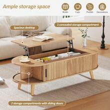 Lift Up Oval Coffee Table With Hidden Storage, Centre Table, Lifting Sofa Side Table, Space-Saving End Table For Living Room Bedroom, Reception, Tea Table, 120 X 50 X 39.5cm, Natural Wood - Multicolor - View 7