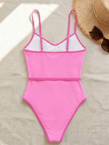 HOTTIE HABIT Women's Casual Pink Spaghetti Strap One-Piece Swimsuit, High Elasticity Swimwear - Multicolor - View 5