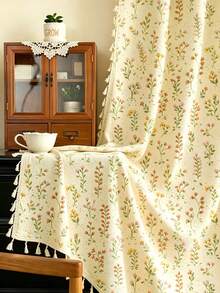 1pc Plaid Print With Tassel Trim Linen Material Modern Linen Gauze Curtain - Japanese Linen Style, Rod Pocket Design, Suitable For Living Room And Bedroom - Transparent And Light Filtering Curtain, Living Room Curtain, Bedroom Curtain (Tie-Back Not Included) - Multicolor - View 2