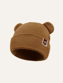 1pc Soft Elastic Knitted Children's Beanie, Bear Ear Patchwork Cuffed Knit Hat, Suitable For Boys And Girls Daily Outdoor And Fashion Wear - 1PC - View 9