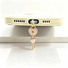 1pc Phone Dust Plug Pink Heart Keychain Pendant - Pink - View 6