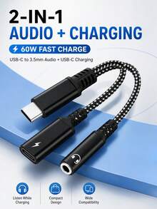 2-In-1 USB-C To 3.5mm Headphone Jack & 60W Fast Charging Adapter, Braided Audio Splitter Cable For USB-C Phones & Tablets, Black - Black - View 1