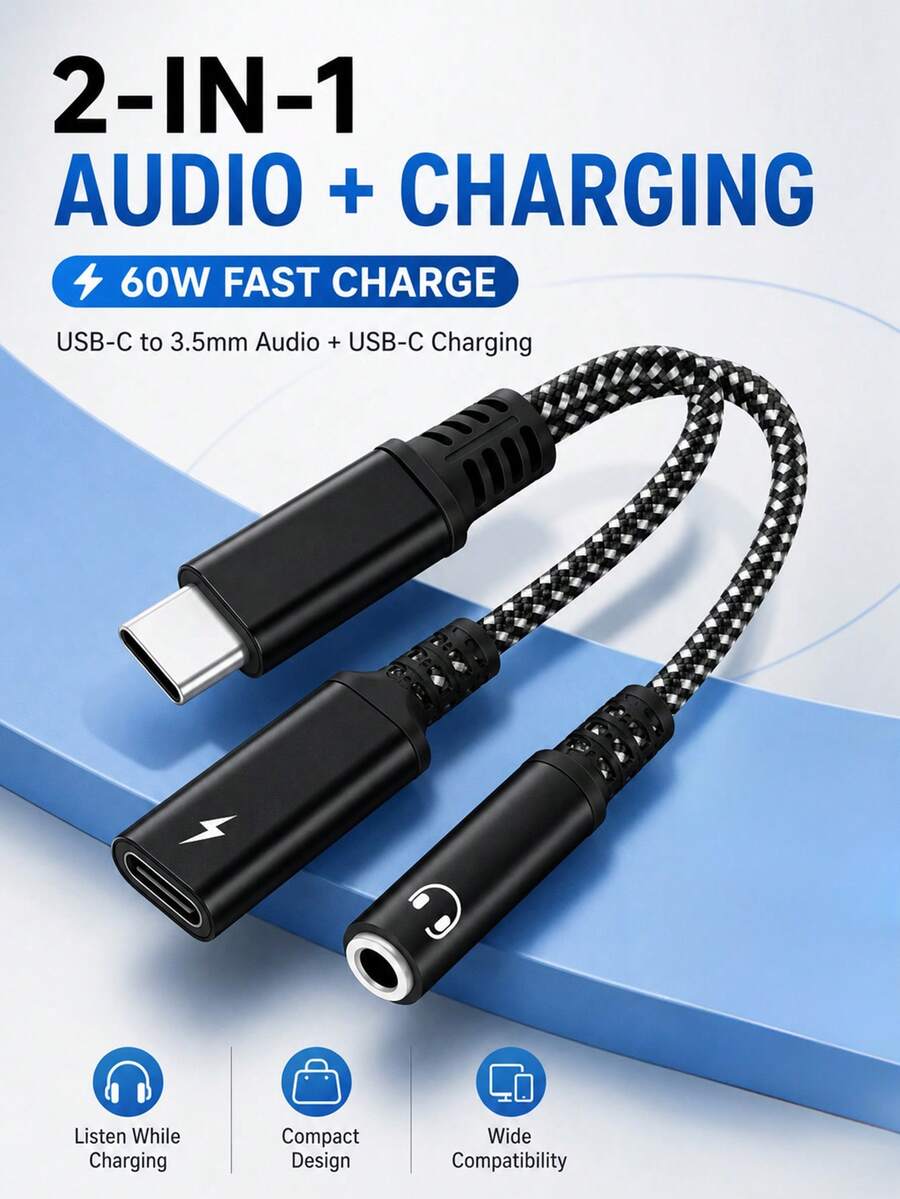 2-In-1 USB-C To 3.5mm Headphone Jack & 60W Fast Charging Adapter, Braided Audio Splitter Cable For USB-C Phones & Tablets, Black - Black - View 1