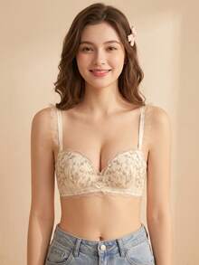 Women's Push-Up Lace Bra, Embroidered Bandeau Lingerie For Small Chest, Floral Backless Design, Suitable For Flat Chest [Flat Chest Special] - Champagne - View 1