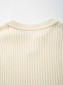 Men's Unisex POLO Collar Knit Sweater Casual Daily Commute Minimalist Solid Color Vertical Striped Ribbed Vintage Versatile Business Basic Loose Short Sleeve POLO Collar Pullover Knit Sweater Short Sleeve Top Spring Summer - Beige - View 6