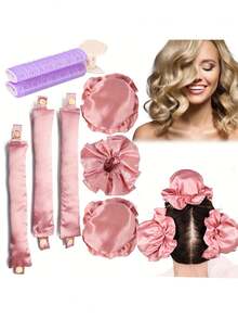 5Pcs Heatless Curling Rod Set Matching Hair Clips And Scrunchies Soft Fabric No Heat Damage Big Wave Overnight Hair Styling Tools For Sleeping Daily Hairstyle - Multicolor - View 1