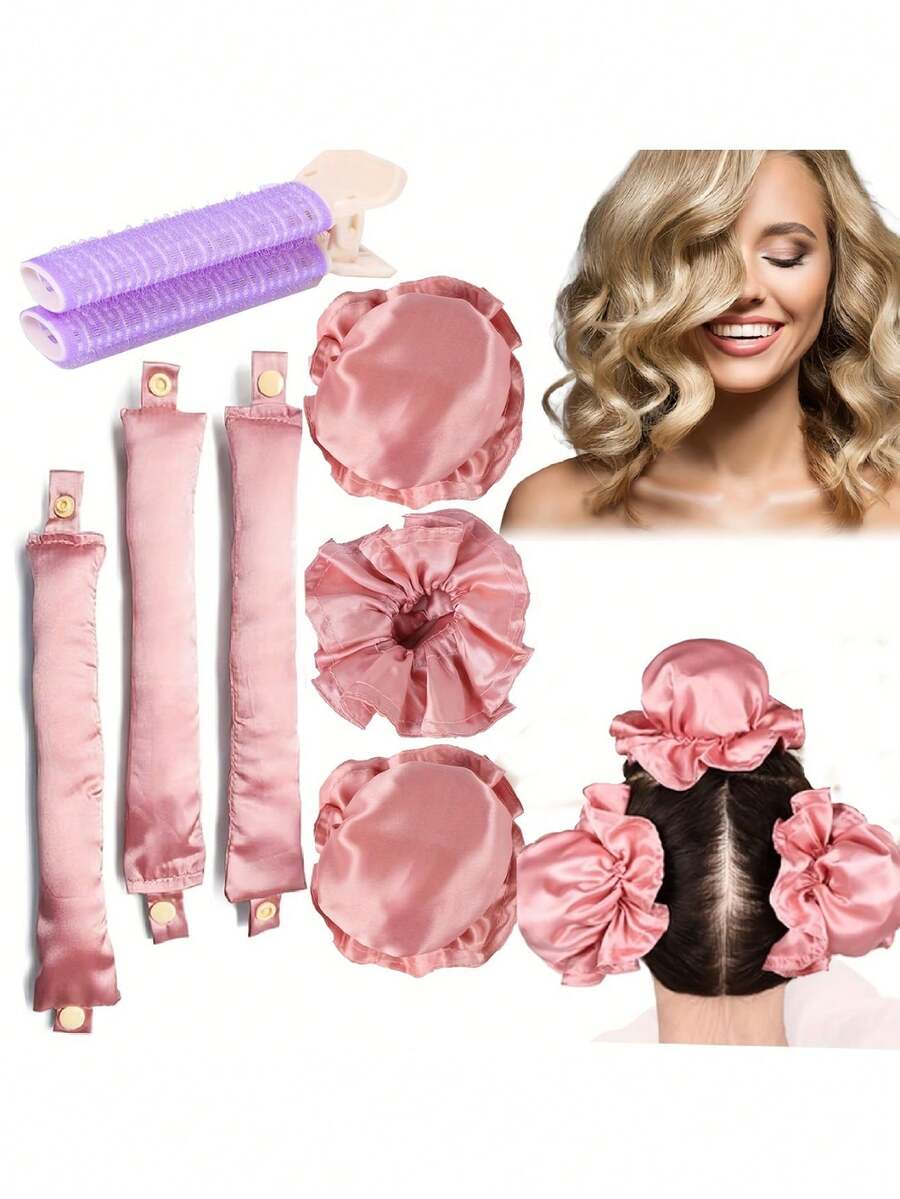 5Pcs Heatless Curling Rod Set Matching Hair Clips And Scrunchies Soft Fabric No Heat Damage Big Wave Overnight Hair Styling Tools For Sleeping Daily Hairstyle - Multicolor - View 1