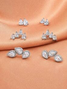 rakol 6pcs Silver Water Drop Cubic Zirconia Decor Stud Earrings Set - Silver - View 3