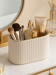 Makeup Brush Holder/PU Leather Cosmetic Display Box/Retro Striped Makeup Brush Rack - Suitable For Vanity Decoration, Bathroom Countertop, Desk Storage Cosmetic Display Box (Cream) , Makeup Room Decor,Makeup Bag,Travel Essential - Multicolor - View 3