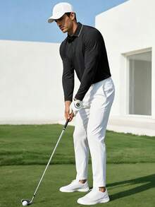 Men's Long Sleeve Polo Shirt, Solid Color, Comfortable And Non-Restrictive, Suitable For Running, Basketball, Soccer And Fitness Workouts - Black - View 9