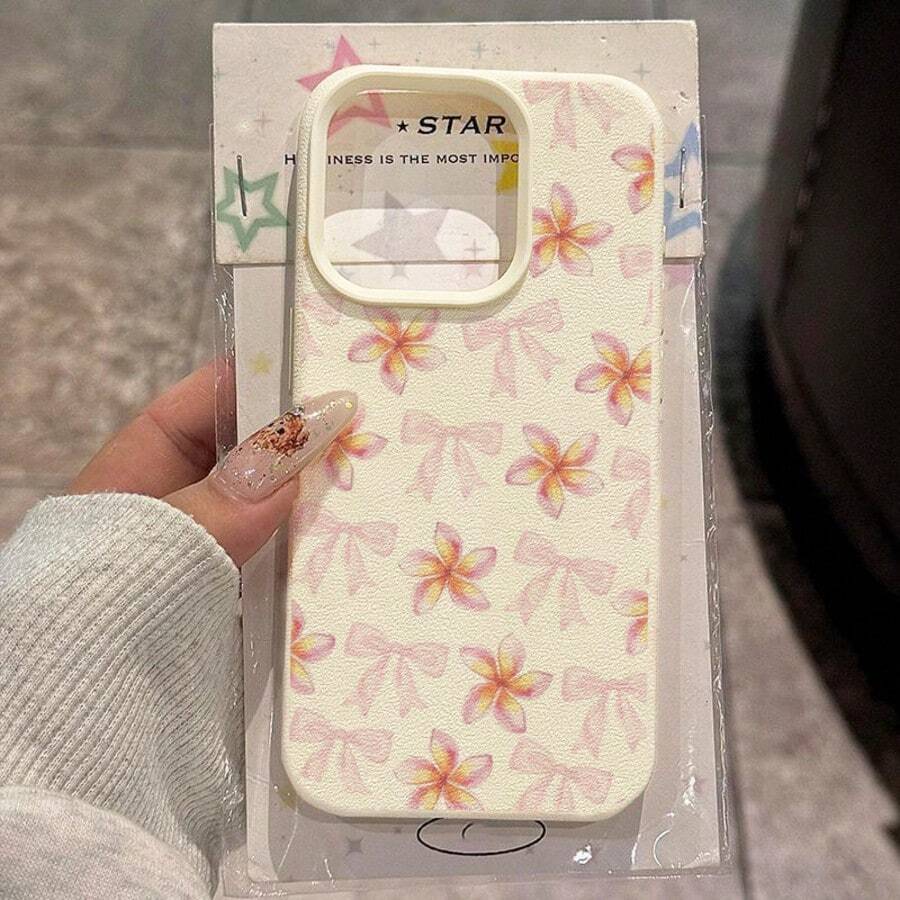 1 buah Casing Ponsel Bahan TPU Motif Pita Pink & Plumeria Layar Penuh Cocok Untuk iPhone 17 Pro Max/17/16 Pro Max/15/13/12/11/ S20 FE/A15/S24/A55/ Note 11/Note 12/Note 13 Pro Pelindung Ponsel Soft Shell Anti-Jatuh Cakupan Penuh - Putih - View 1