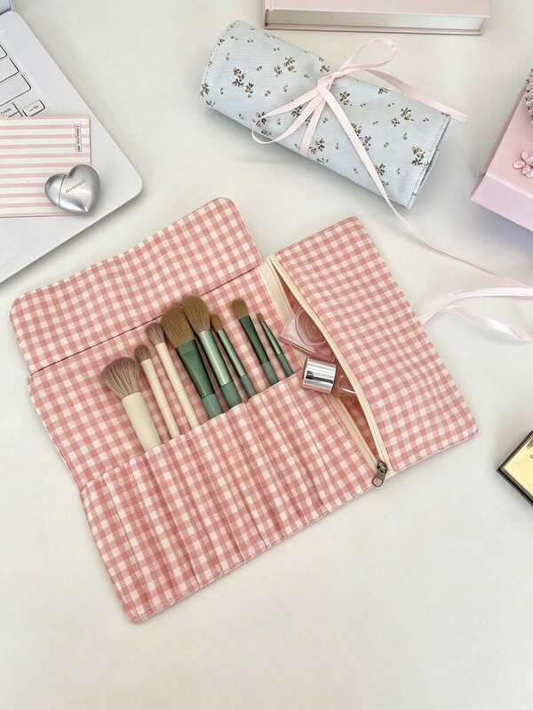 1pc/3pcs Country Style Cotton Rectangular Makeup Brush Roll Bag, Floral Plaid Print With Pink Ribbon Tie, Multi-Compartment Foldable Makeup Brush Storage Bag, Portable Storage Bag, Suitable For Travel, Back To School, Bedroom And Outdoor Outings