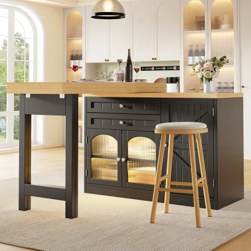 Extendable Kitchen Island Dining Table 120–194cm, 360° Rotating Tabletop, With Glass Doors, Drawers & Door Snack Shelves, White/Black - Black - View 1